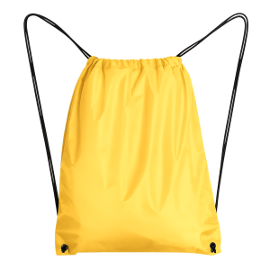Mochila amarilla tipo saco ligera de cuerdas con cordones negros, 34x42 cm, personalizable para peñas, grupos asociaciones y eventos