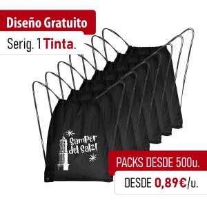 Pack mochilas con serigrafia tipo saco ligera de cuerdas con cordones negros, 34x42 cm, personalizable para peñas, grupos, ayuntamientos, asociaciones y eventos